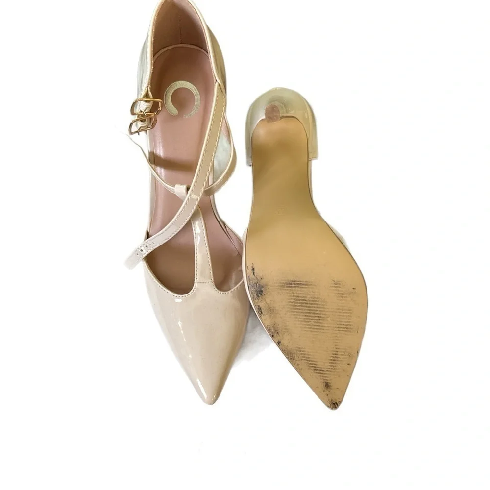 Journee Collection Nude Patent T-Strap Heels | Size 8.5 | Pointed Toe Pumps